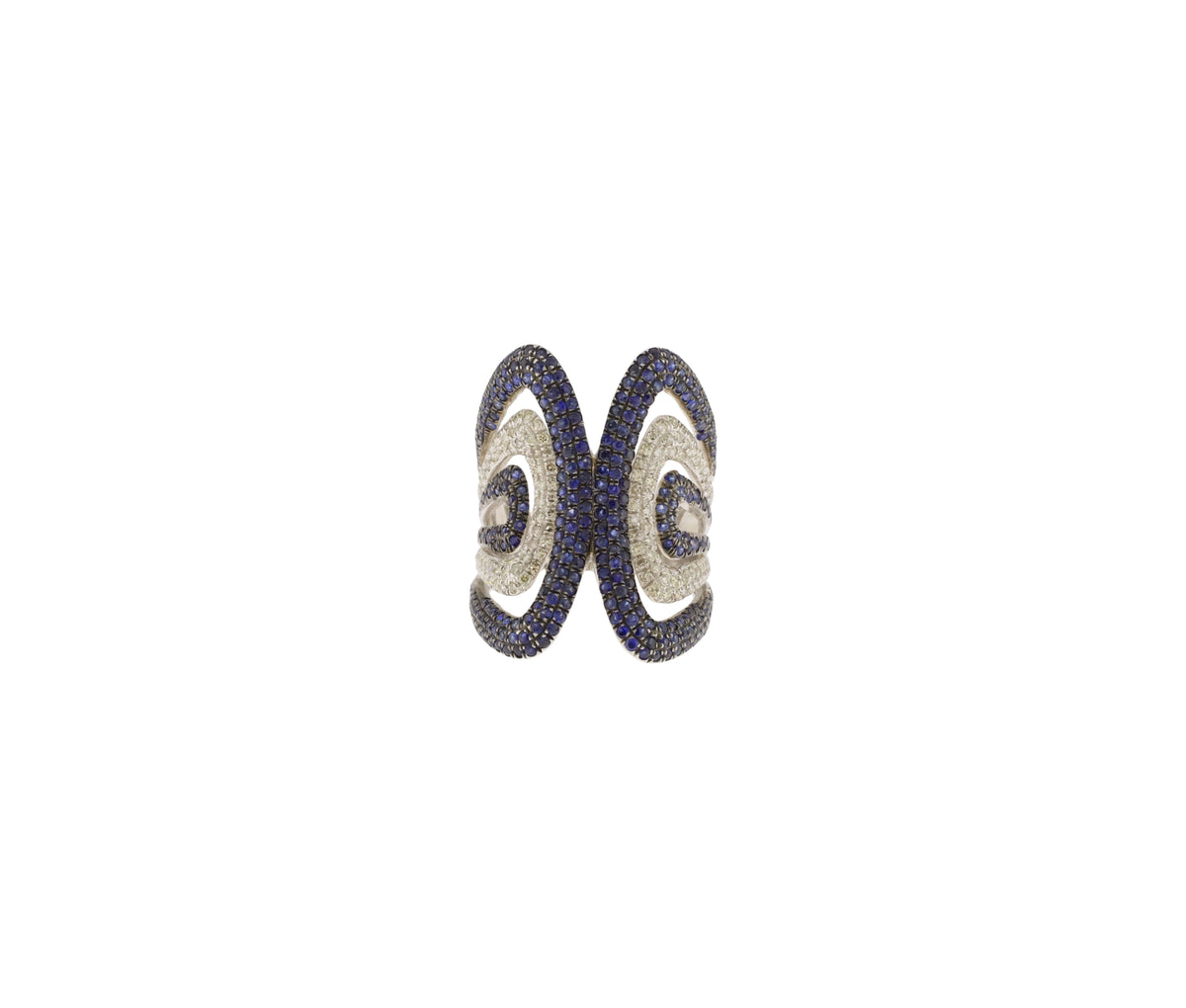 14K White Gold Diamond & Natural Sapphire Concave Style Wide Statement Ring