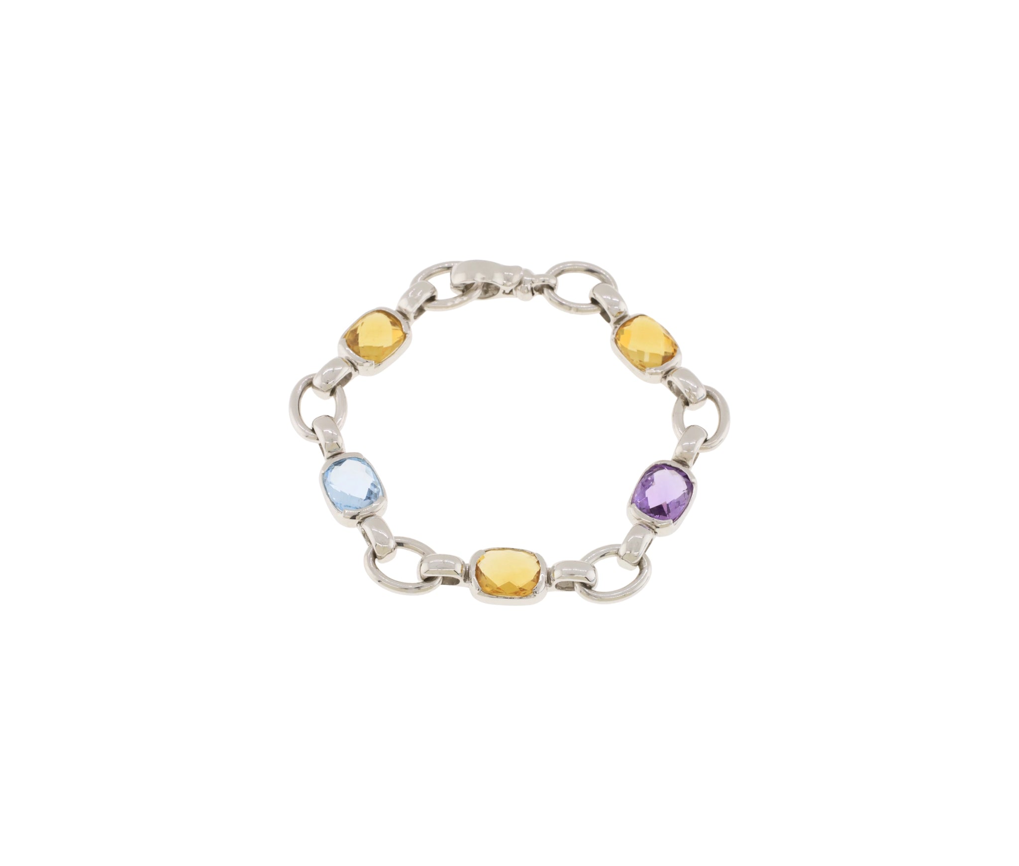 14K White Gold Cushion Cut Citrine, Blue Topaz & Amethyst Link Style Bracelet