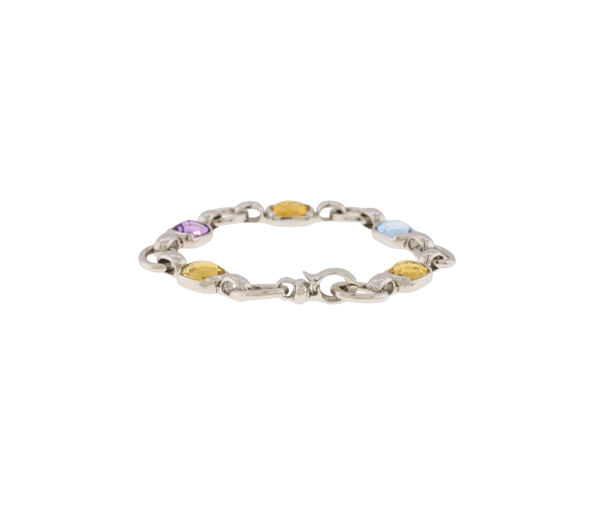 14K White Gold Cushion Cut Citrine, Blue Topaz & Amethyst Link Style Bracelet