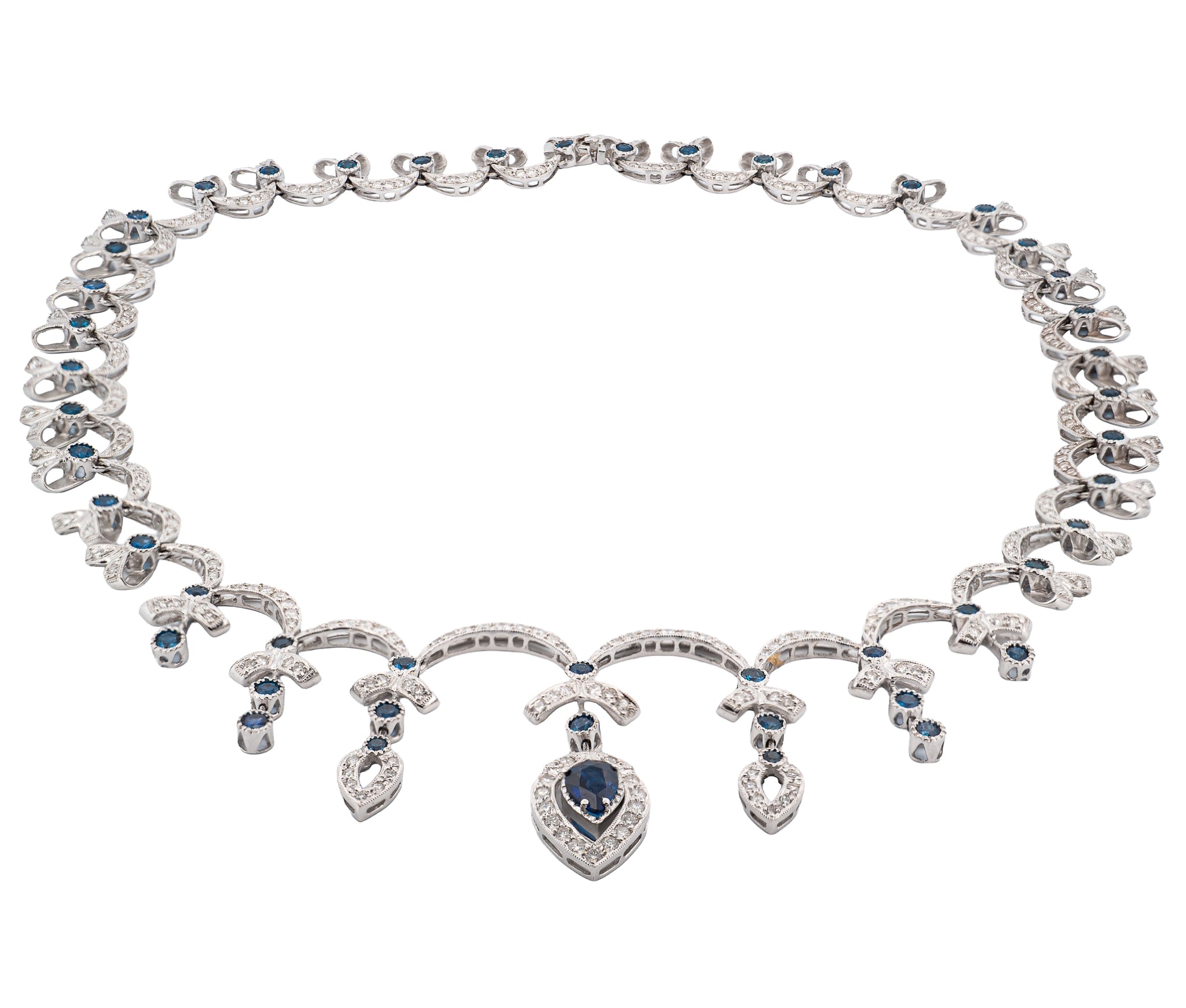 18K White Gold 7.46Ct Diamond & 6.87Ct Sapphire Ornate Scalped Drop Necklace