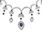 18K White Gold 7.46Ct Diamond & 6.87Ct Sapphire Ornate Scalped Drop Necklace