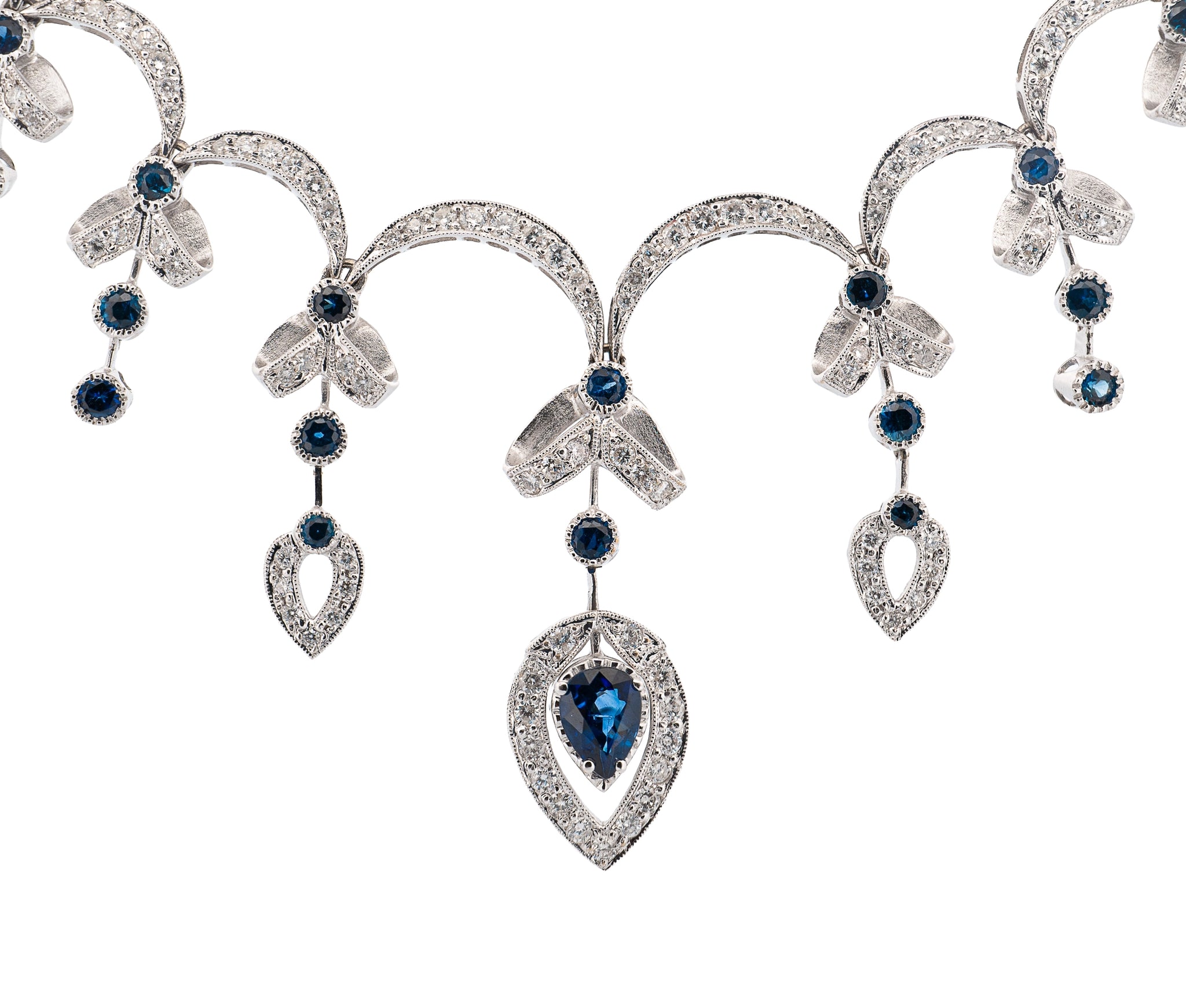 18K White Gold 7.46Ct Diamond & 6.87Ct Sapphire Ornate Scalped Drop Necklace