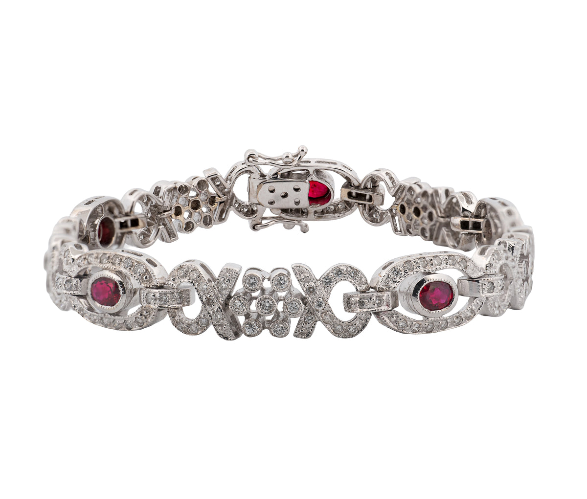 18K White Gold 1.45Ct  Ruby and 1.45Ct Diamond Fancy Link Bracelet