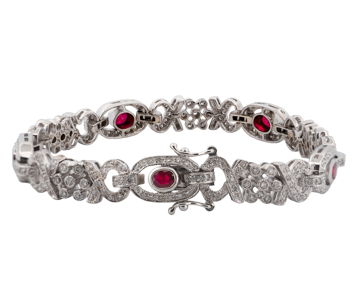 18K White Gold 1.45Ct  Ruby and 1.45Ct Diamond Fancy Link Bracelet
