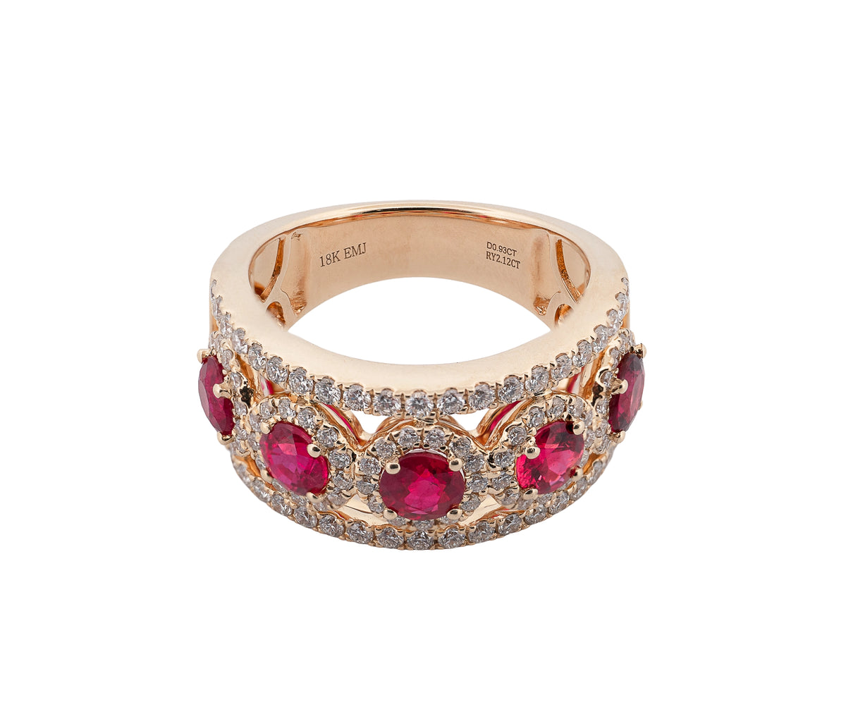 18K Yellow Gold 2.12Ct Ruby & 0.93Ct Diamond Halo Band Ring