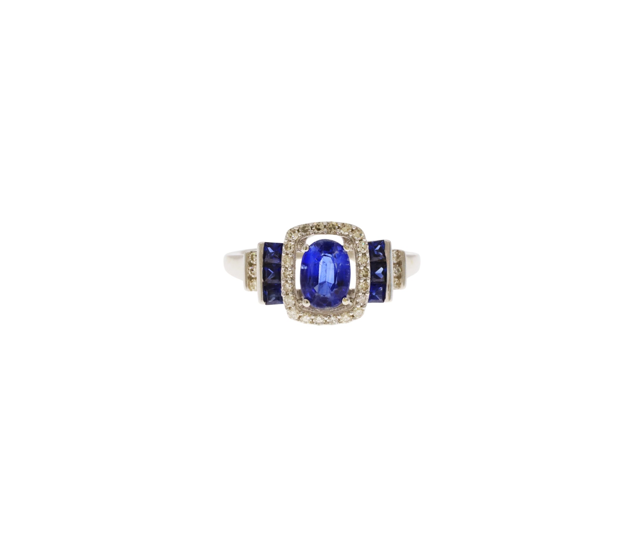 14K White Gold Diamond & Natural Blue Sapphire Halo Style Fashion Ring