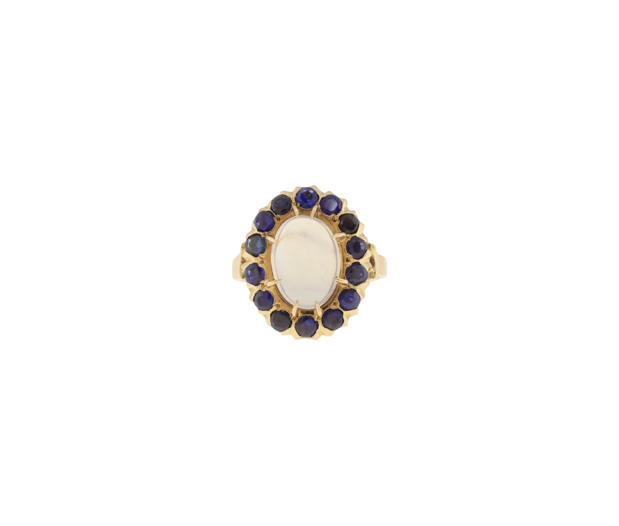 14K Yellow Gold Moonstone & Natural Blue Sapphire Halo Style Ring