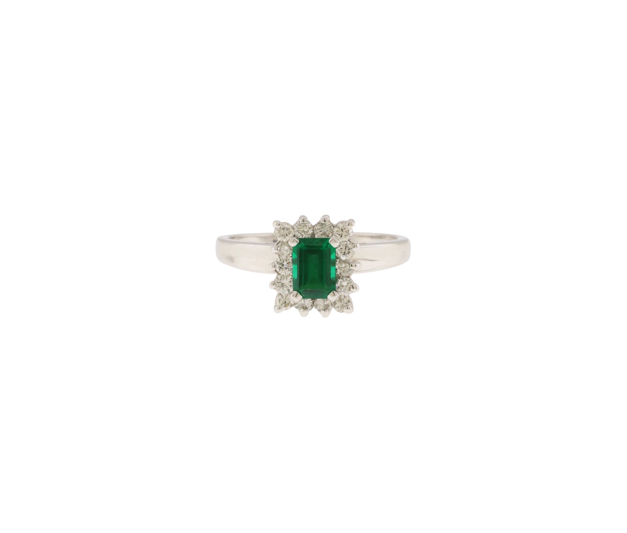 14K White Gold Natural Diamond & Lab Grown Emerald Halo Style Ring