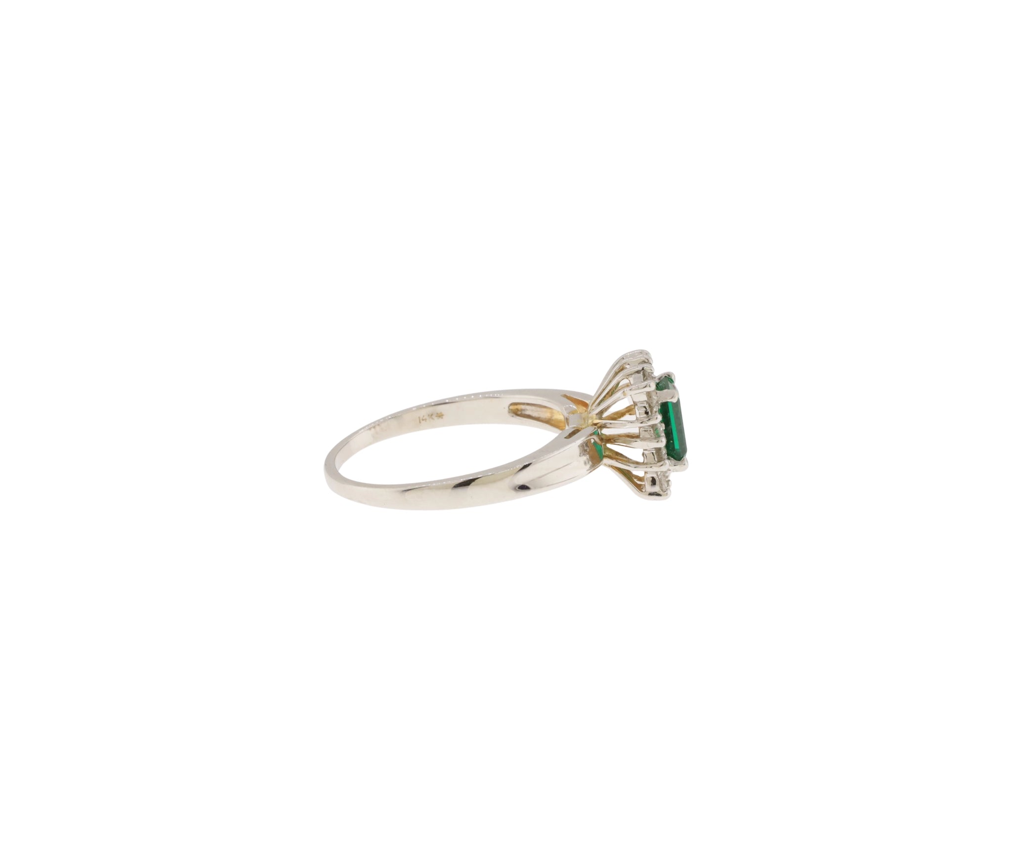 14K White Gold Natural Diamond & Lab Grown Emerald Halo Style Ring