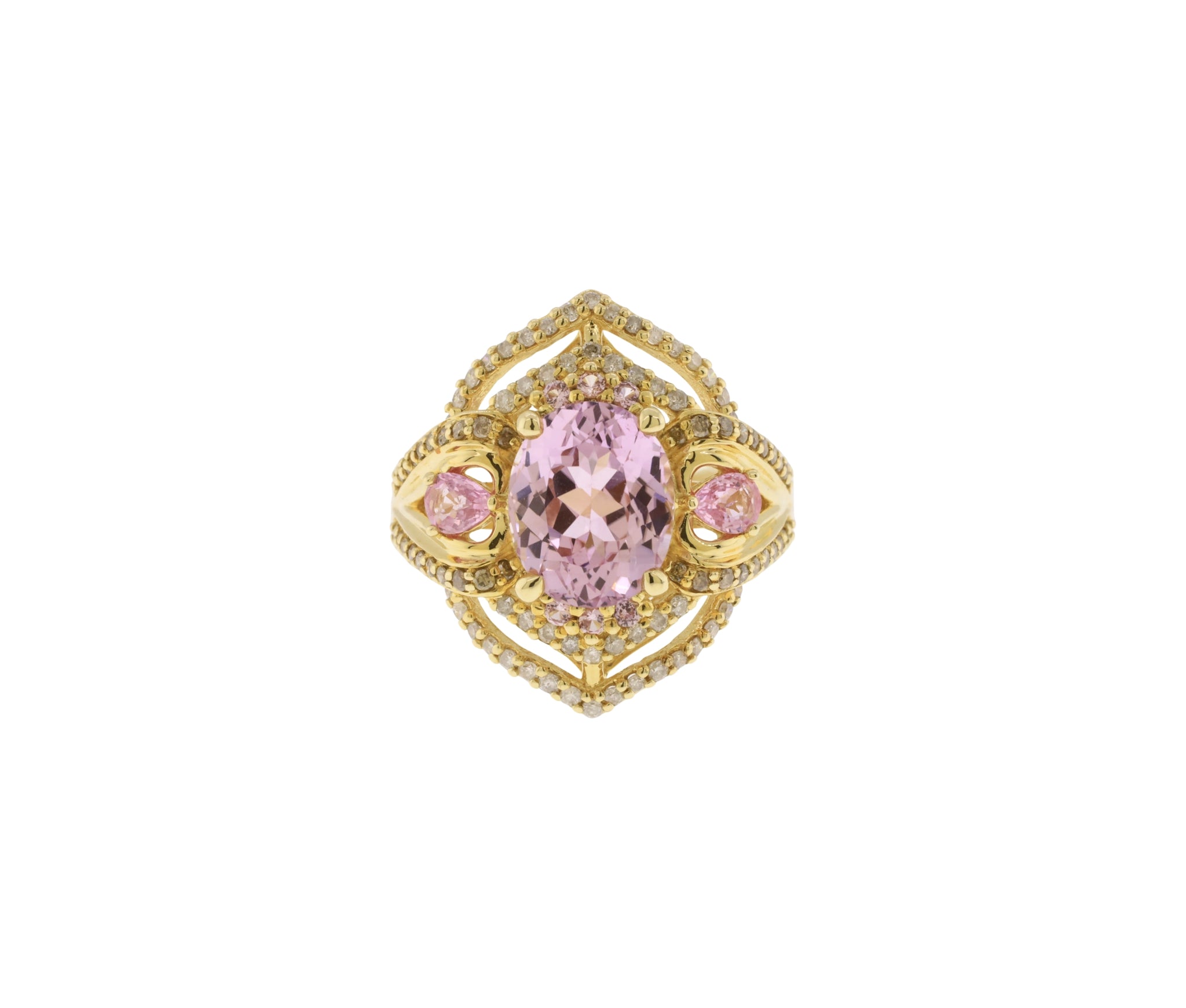 14K Yellow Gold Kunzite , Diamond and Natural Pink Sapphire Ornate Ring