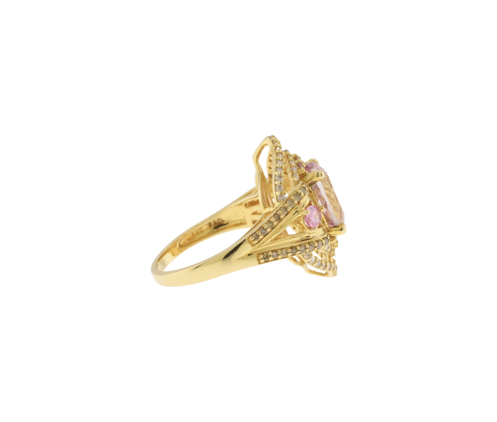 14K Yellow Gold Kunzite , Diamond and Natural Pink Sapphire Ornate Ring