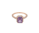 14K Rose Gold Diamond and Amethyst Emerald Shaped Halo Style Ring