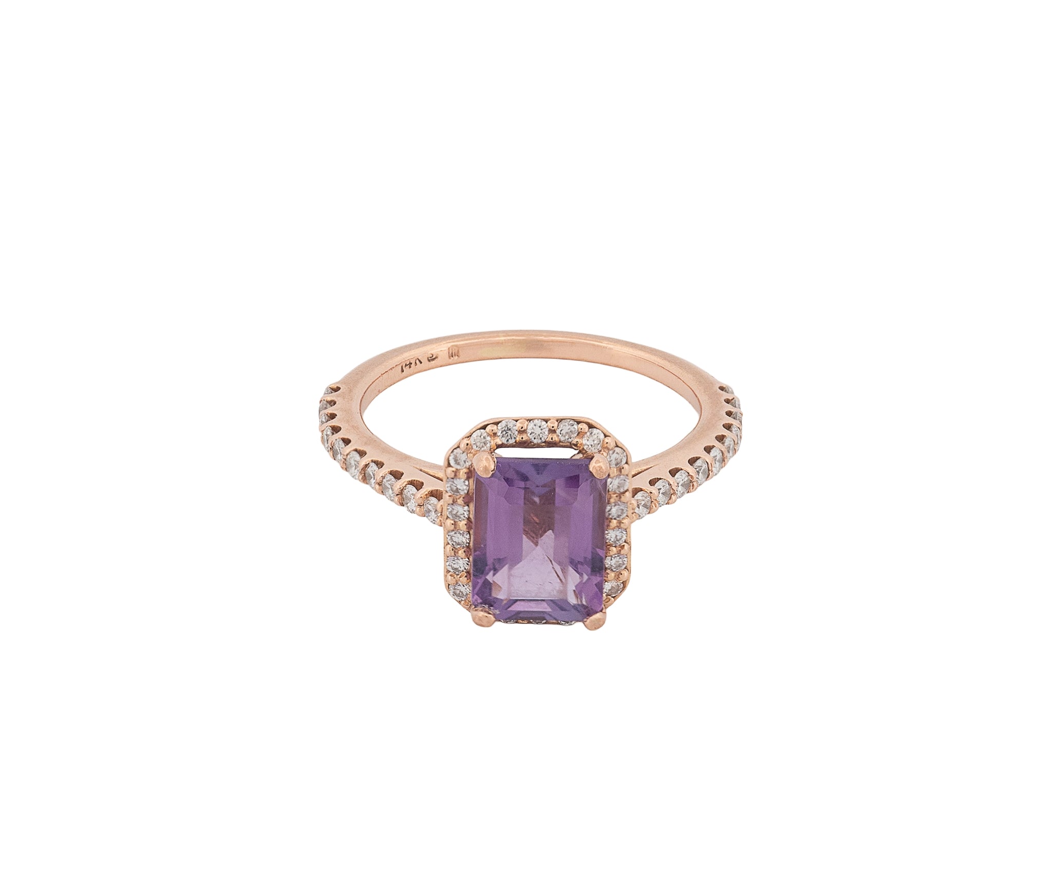 14K Rose Gold Diamond and Amethyst Emerald Shaped Halo Style Ring