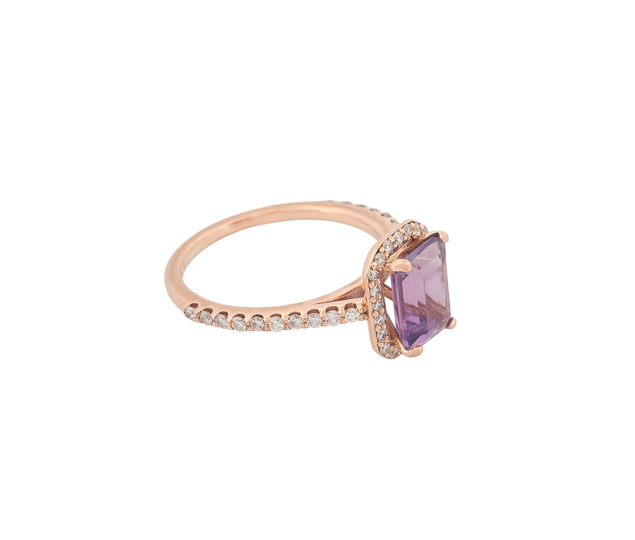 14K Rose Gold Diamond and Amethyst Emerald Shaped Halo Style Ring