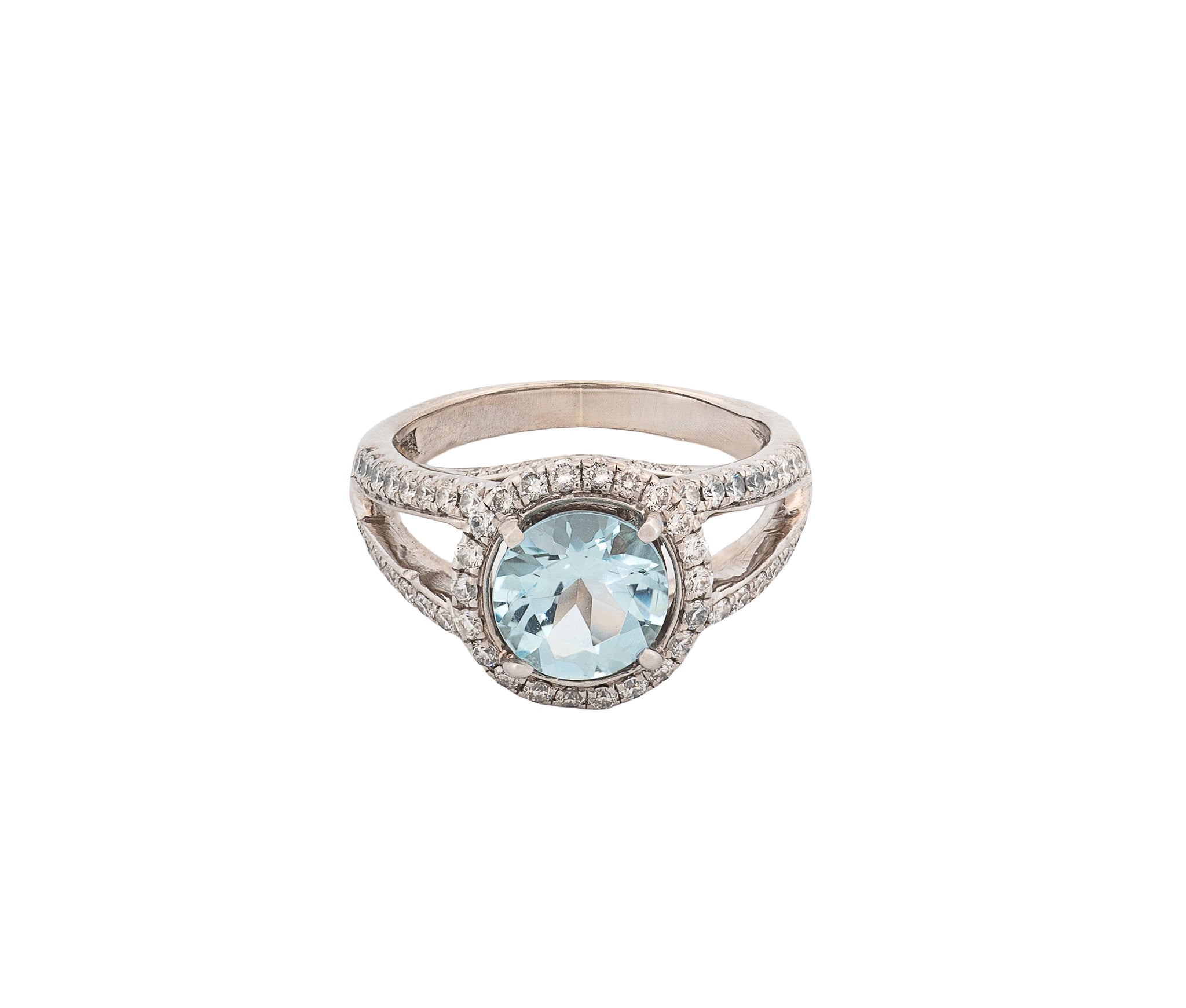 14K White Gold Aquamarine and Diamond Split Shank Cathedral Style Ring