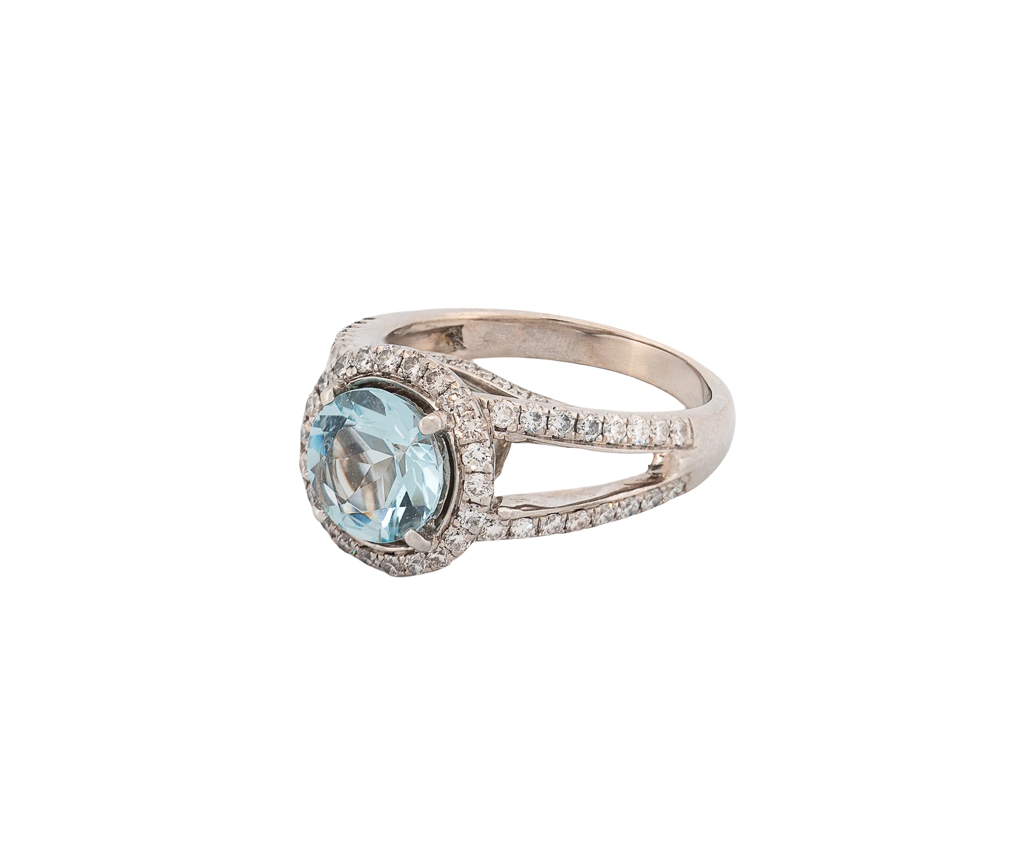 14K White Gold Aquamarine and Diamond Split Shank Cathedral Style Ring