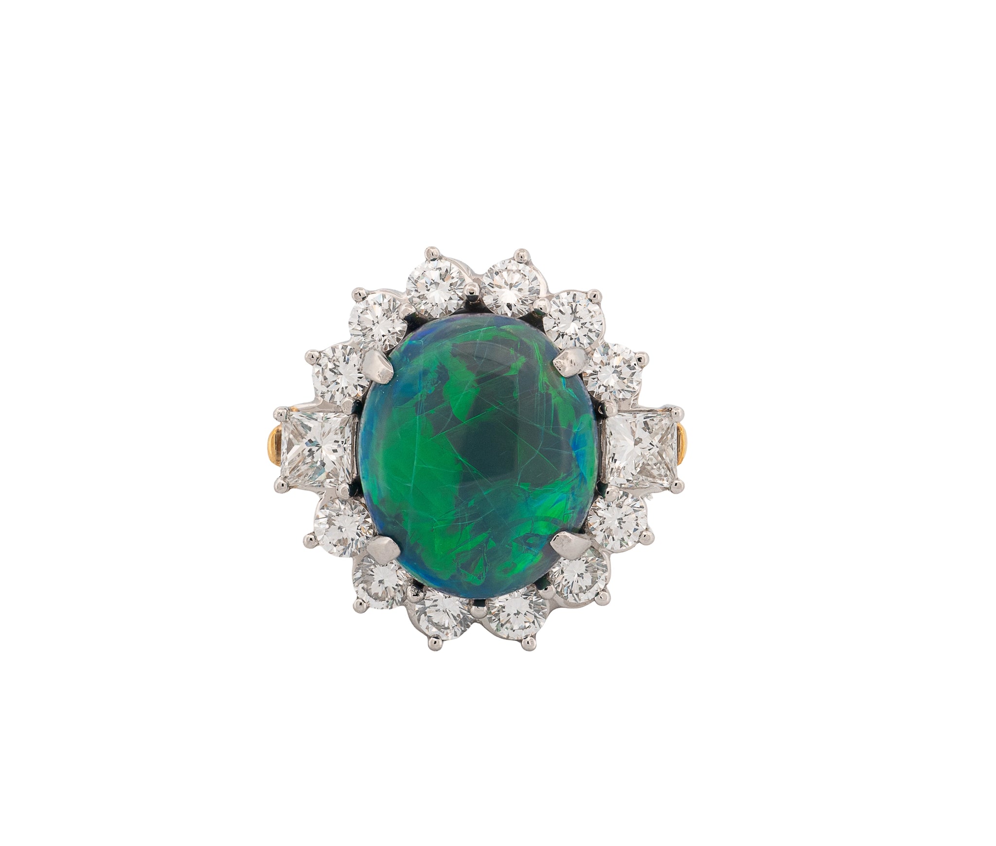 18K Yellow Gold Diamond & Black Opal Halo Style Ring