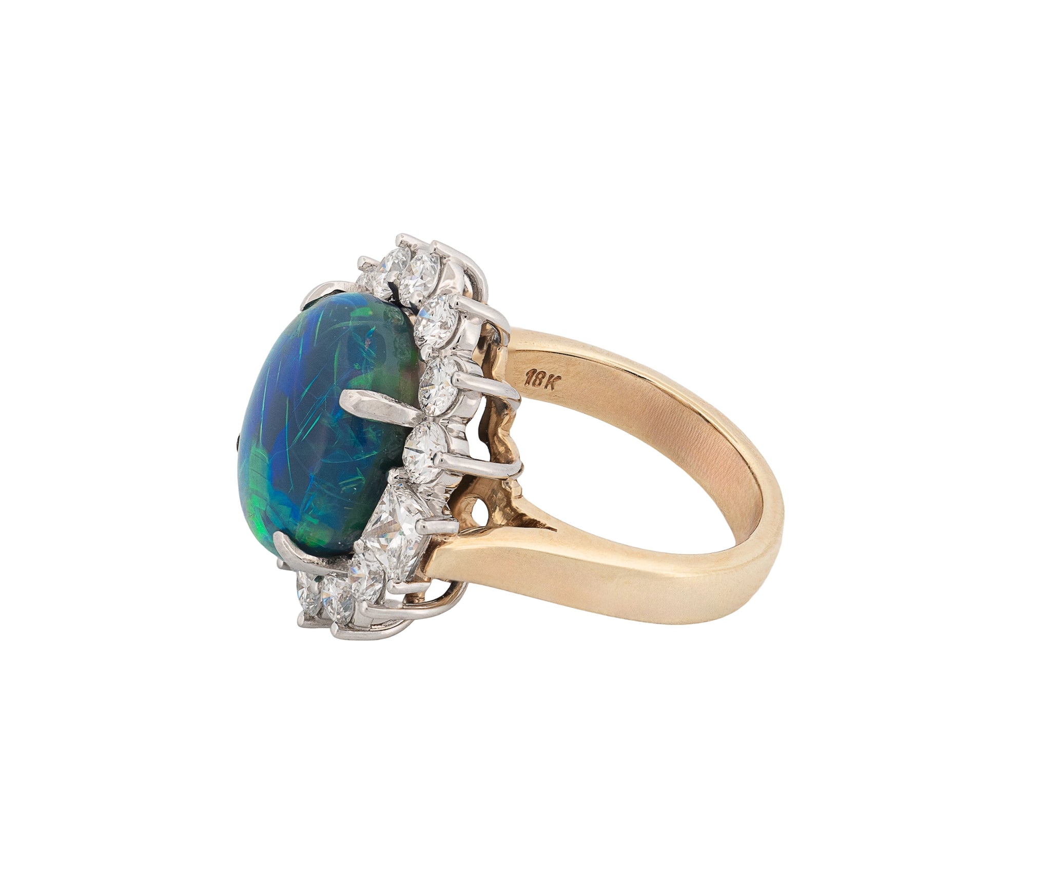 18K Yellow Gold Diamond & Black Opal Halo Style Ring