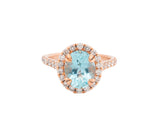 14K Rose Gold Diamond and Aquamarine Halo Cathedral Style Ring