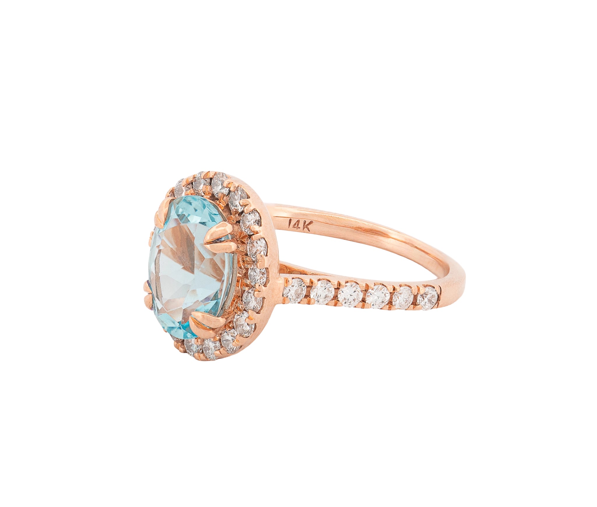 14K Rose Gold Diamond and Aquamarine Halo Cathedral Style Ring