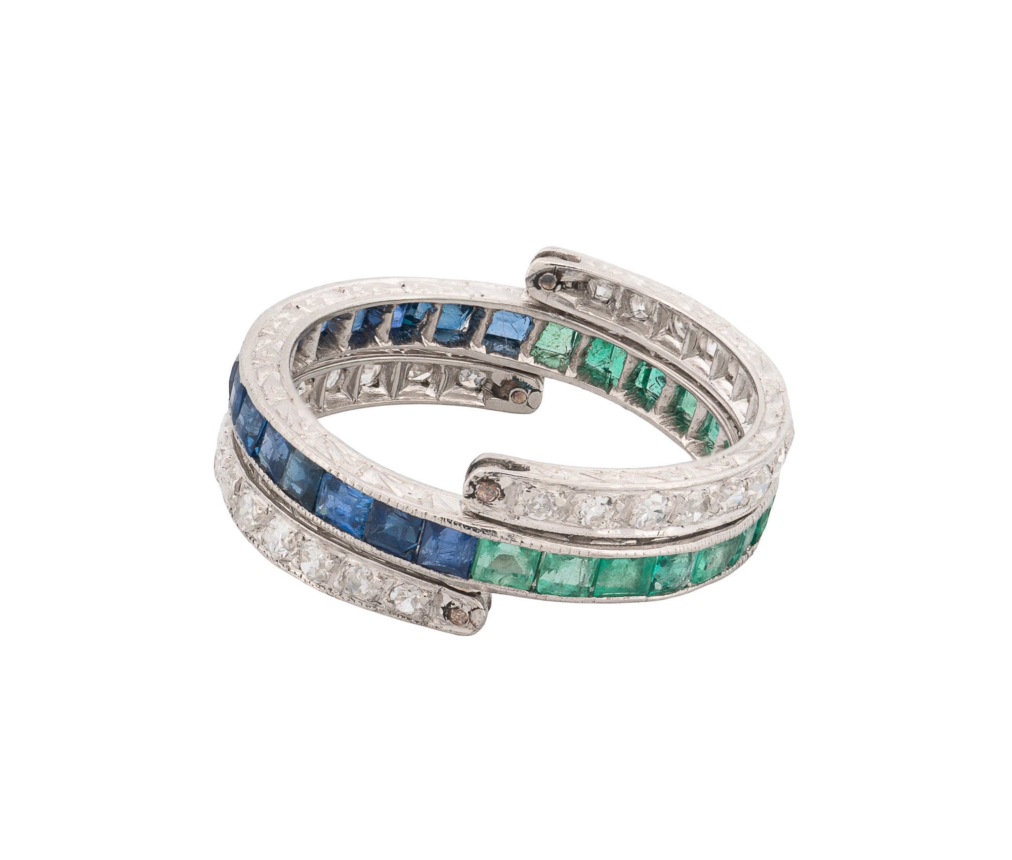 Lady's Platinum Diamond Emerald and Sapphire Flip Ring