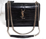 YSL Black Crocodile Embossed Leather Sunset Cross Body Bag