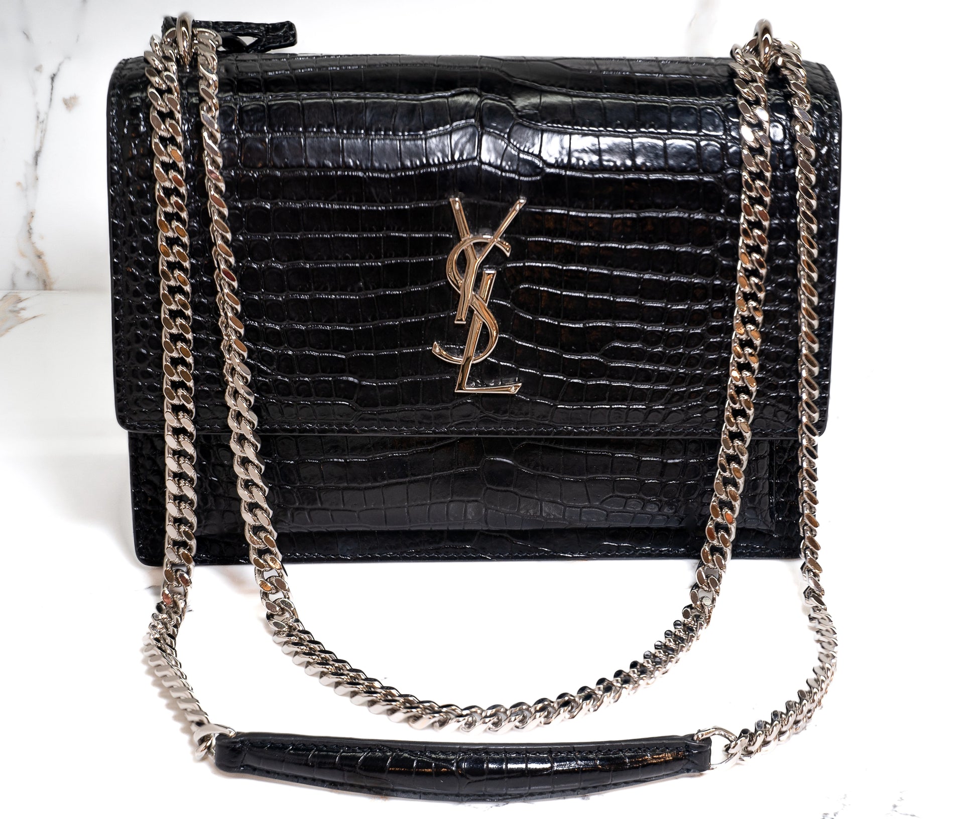 YSL Black Crocodile Embossed Leather Sunset Cross Body Bag