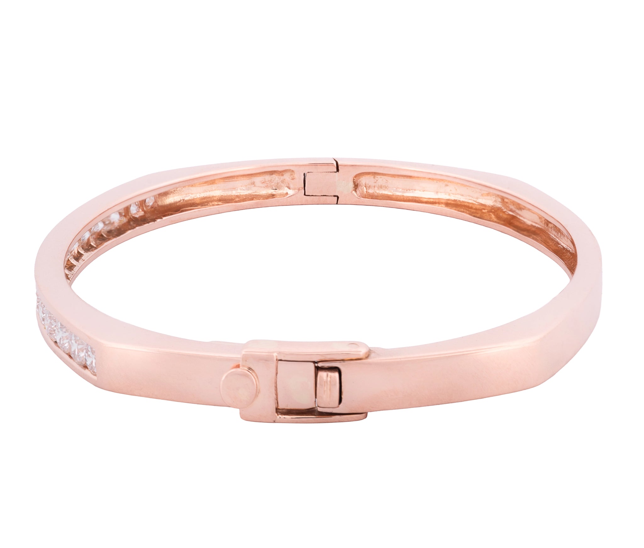14K Rose Gold Channel Set Diamond Geometric Hinged Bangle Bracelet