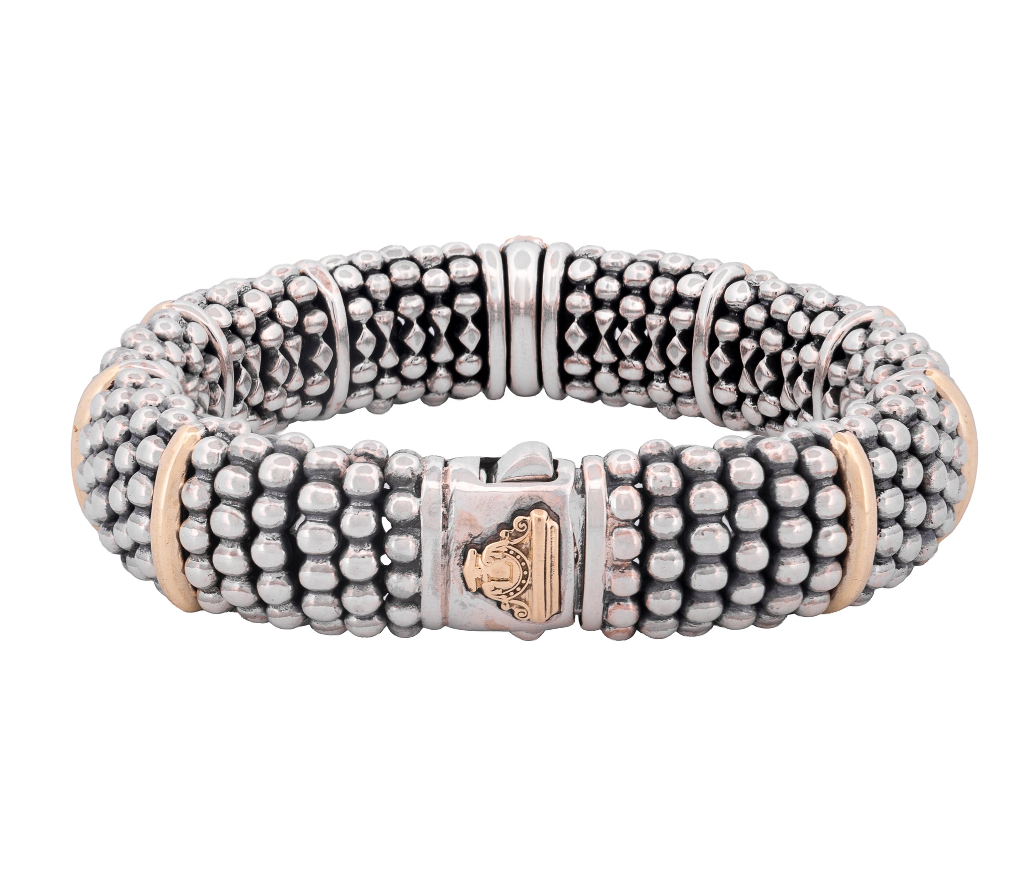 Lagos Signature Caviar Sterling and 18K Yellow Gold Diamond Station Bracelet