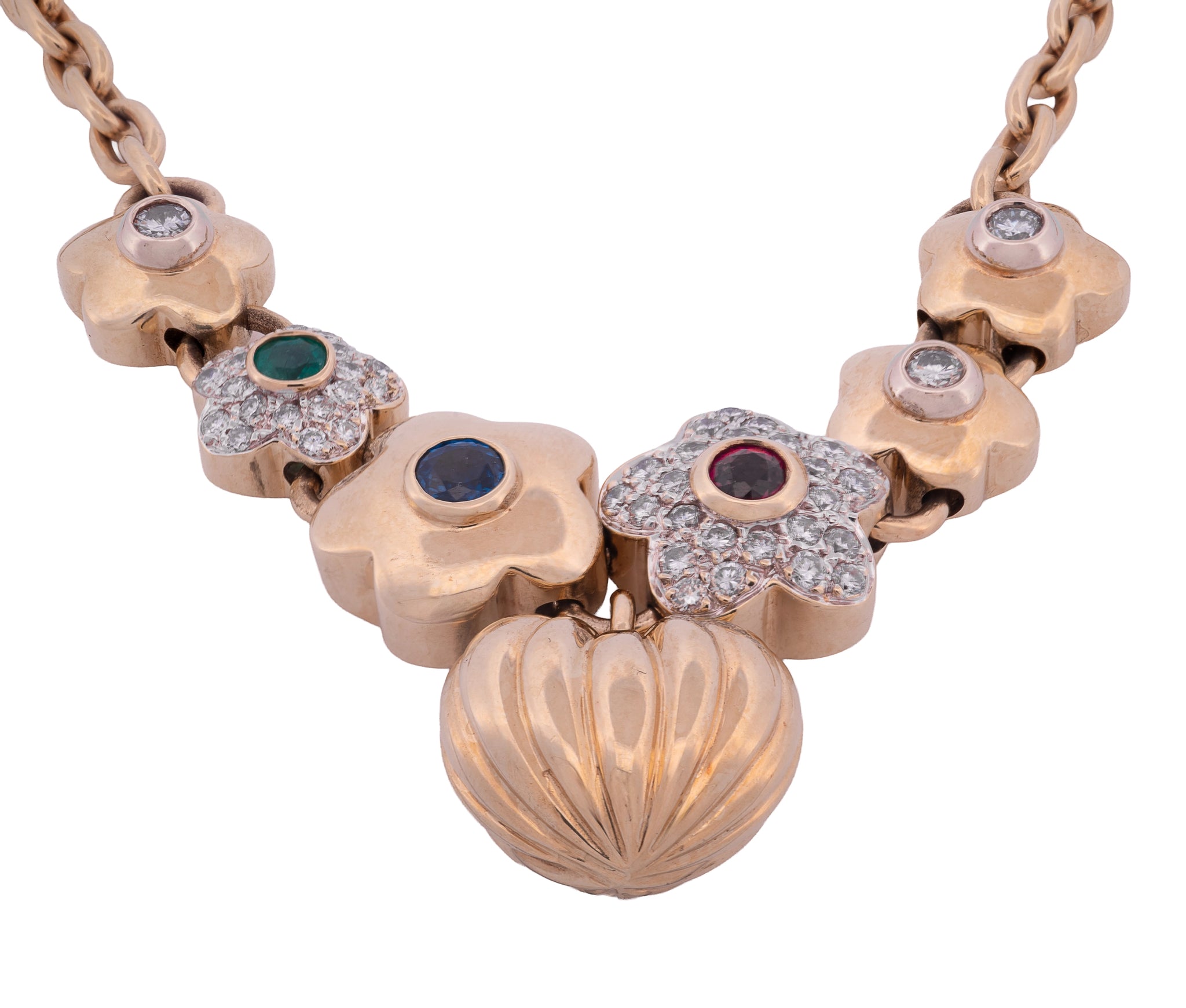 14K Yellow Gold Sapphire, Ruby, Emerald & Diamond Necklace