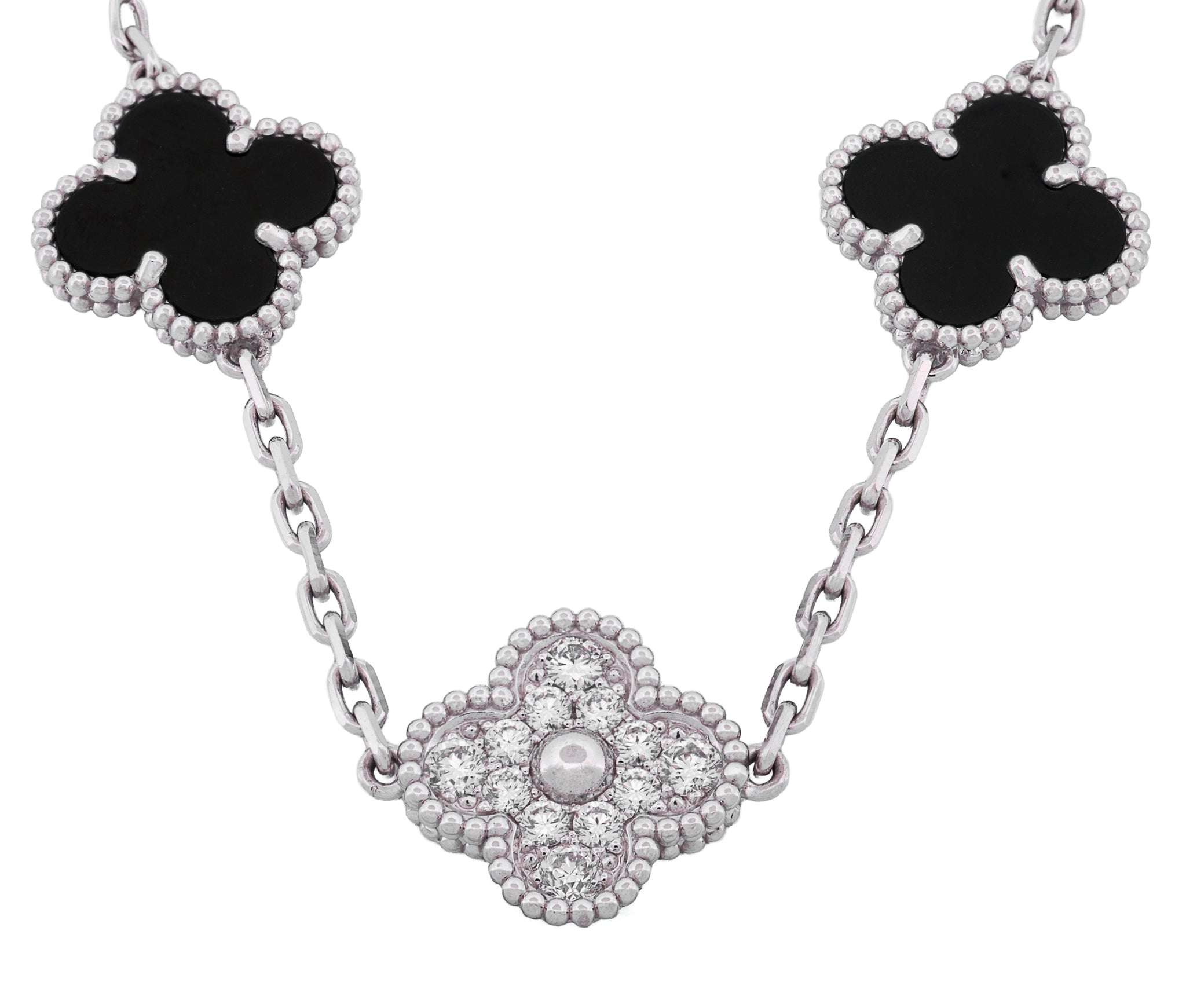 Van Cleef & Arpels 18K White Gold Diamond Black Onyx 5 Motifs Alhambra Bracelet