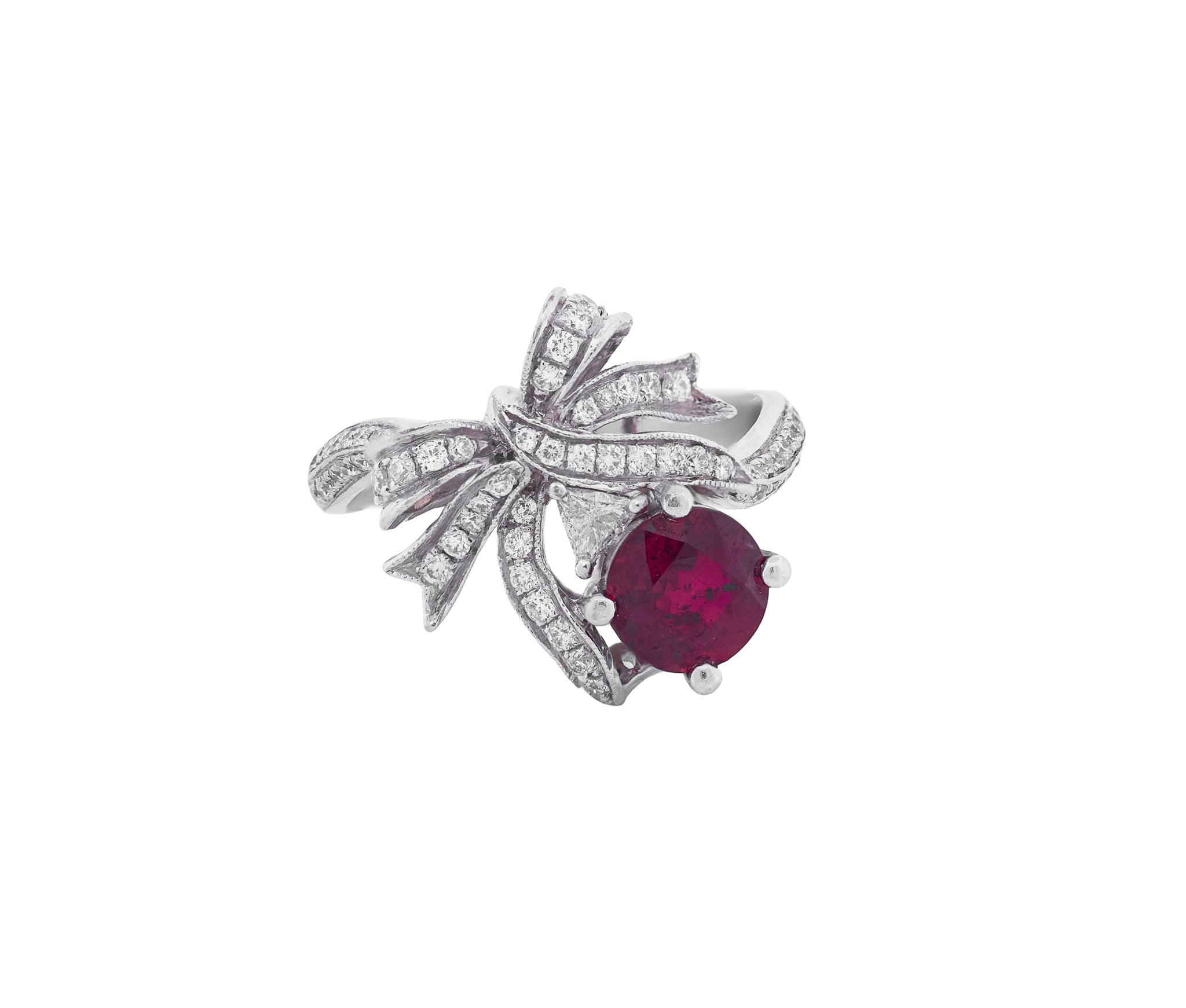 14K White Gold Ruby and Diamond Festive Bowtie Ring with