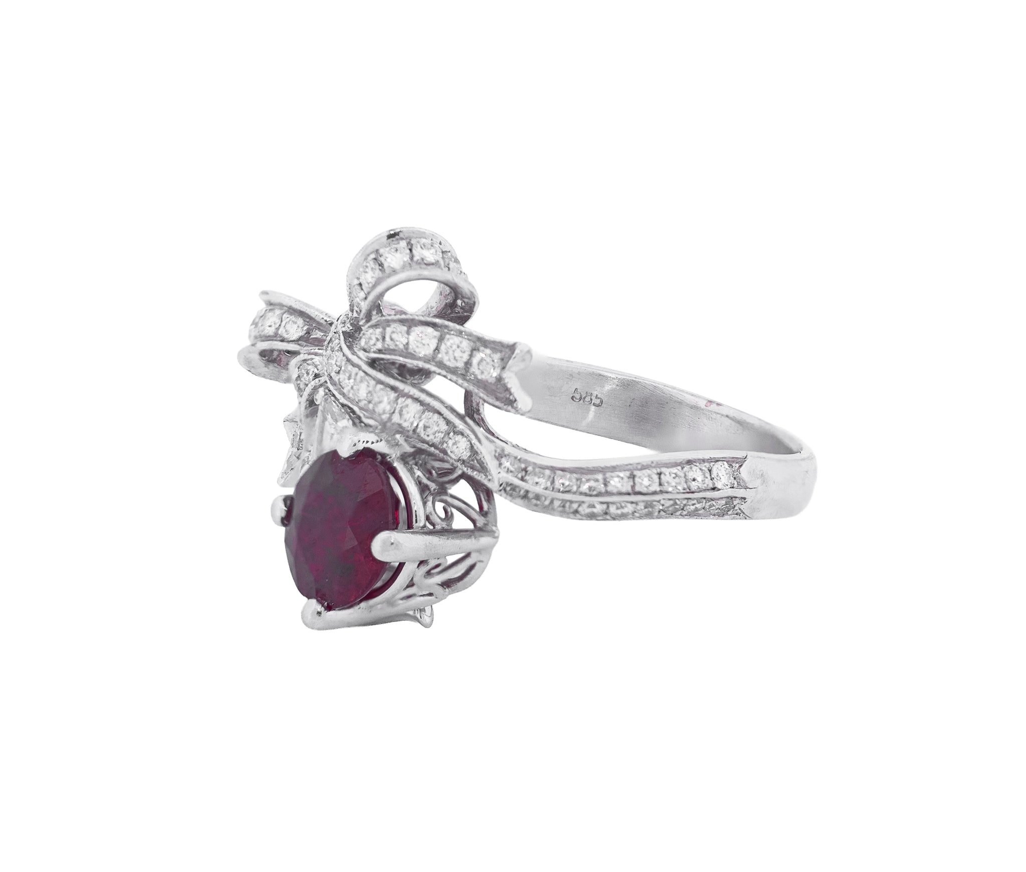 14K White Gold Ruby and Diamond Festive Bowtie Ring with