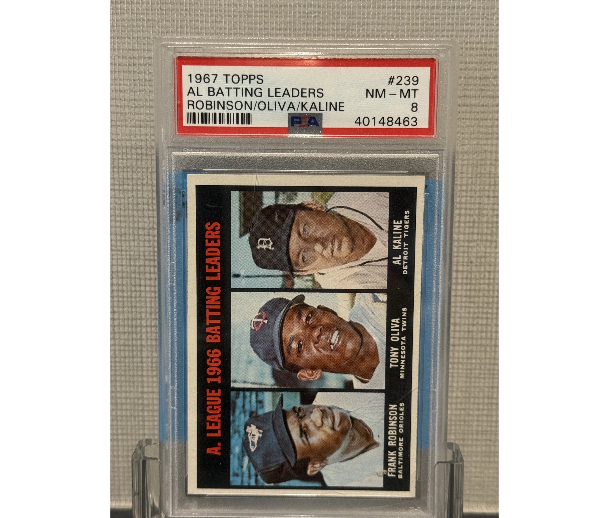 1967 Topps AL Batting Leaders Frank Robinson, Tony Oliva, Al Kaline PSA 8
