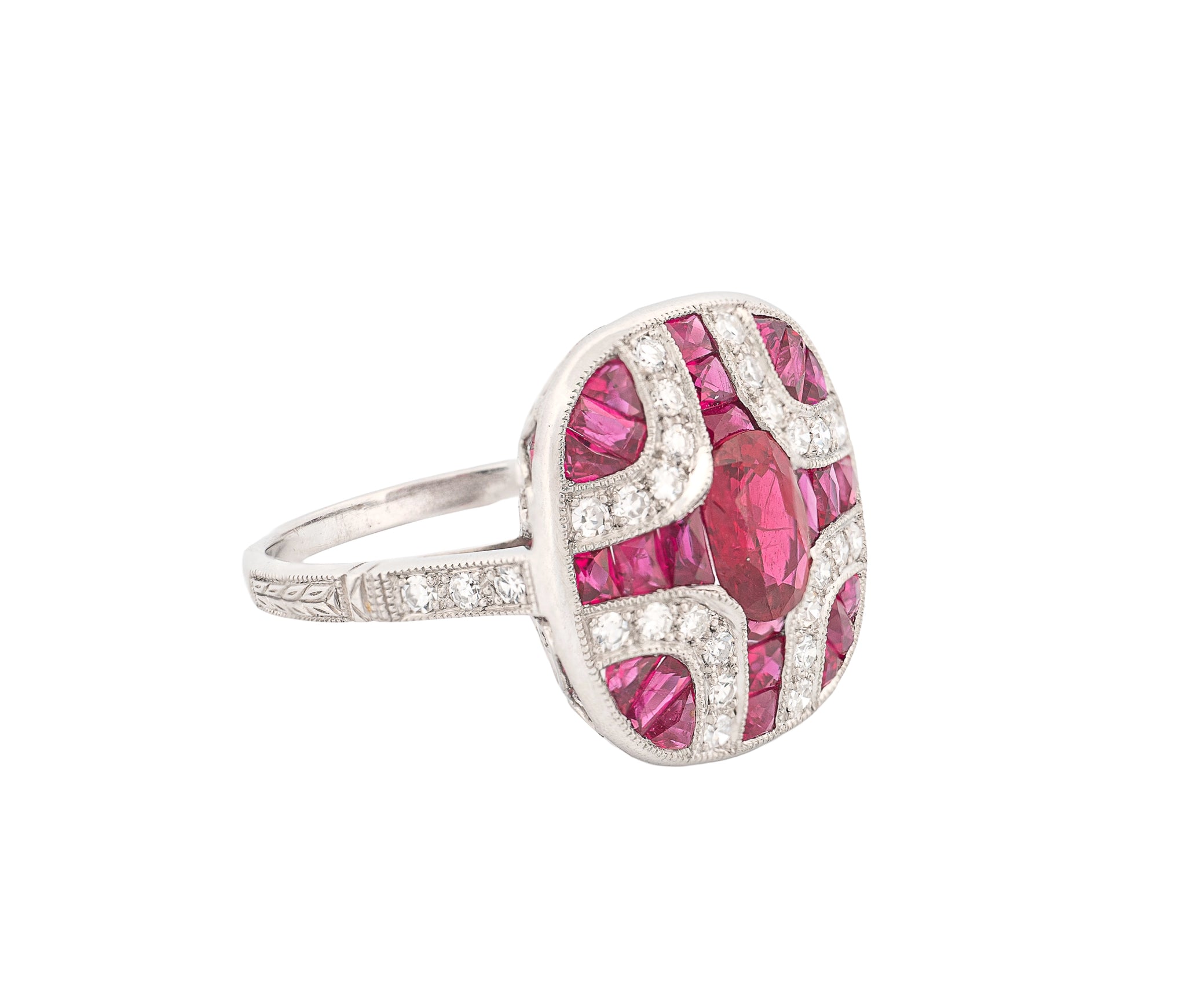 Platinum Natural Ruby & Diamond Vintage-Style Ornate Ring