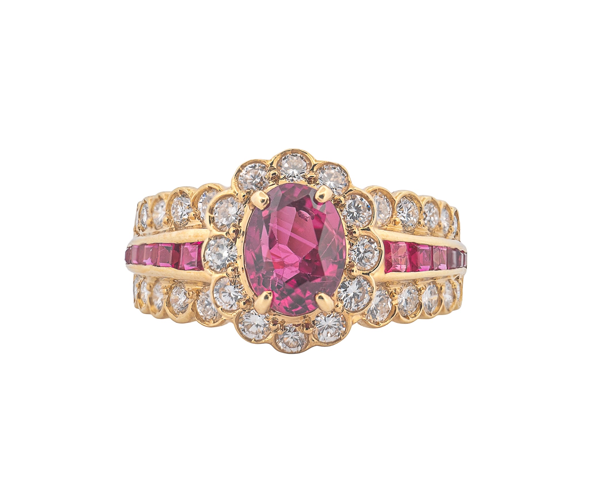 18K Yellow Gold Natural Ruby & Diamond Halo Ring
