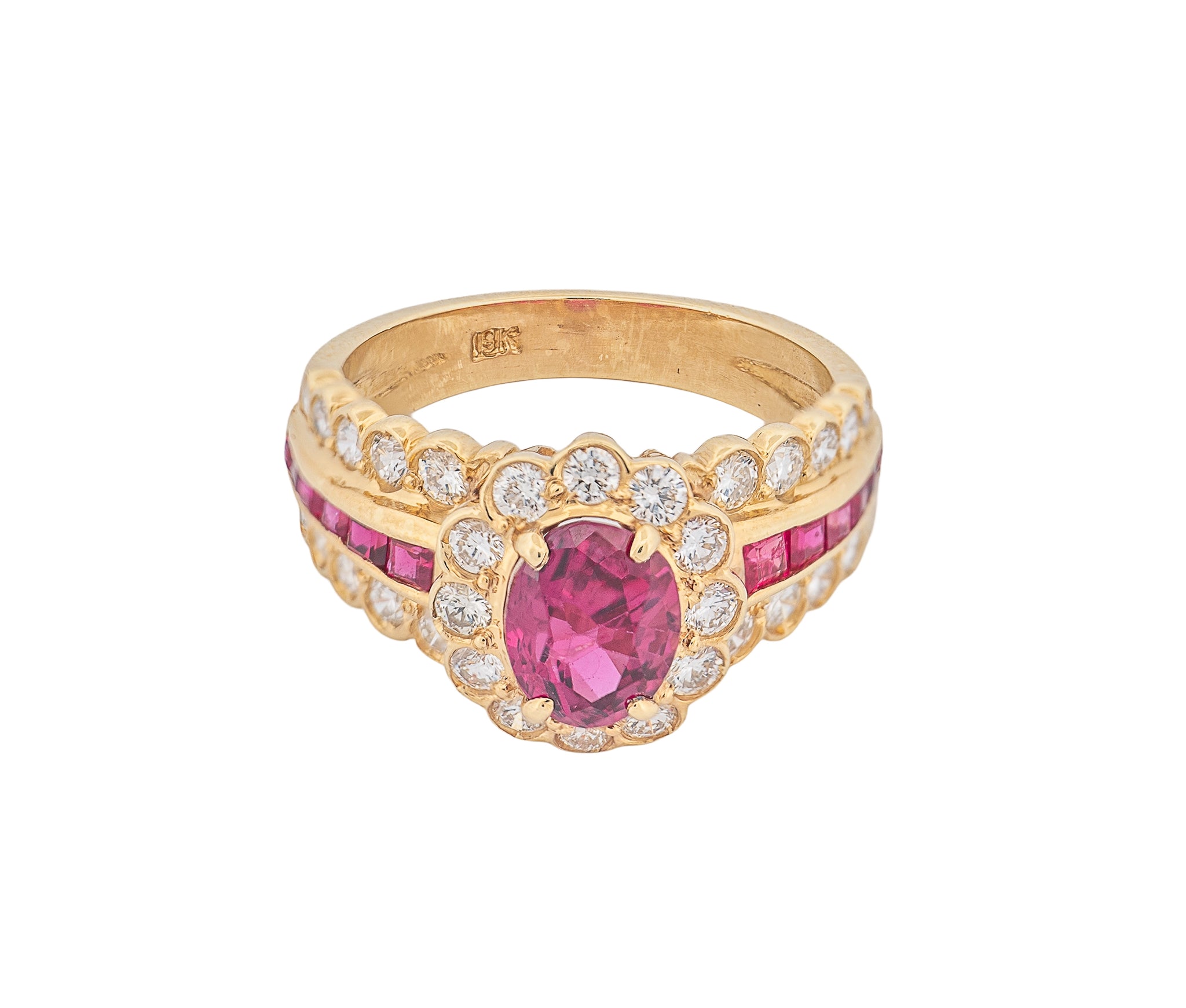 18K Yellow Gold Natural Ruby & Diamond Halo Ring