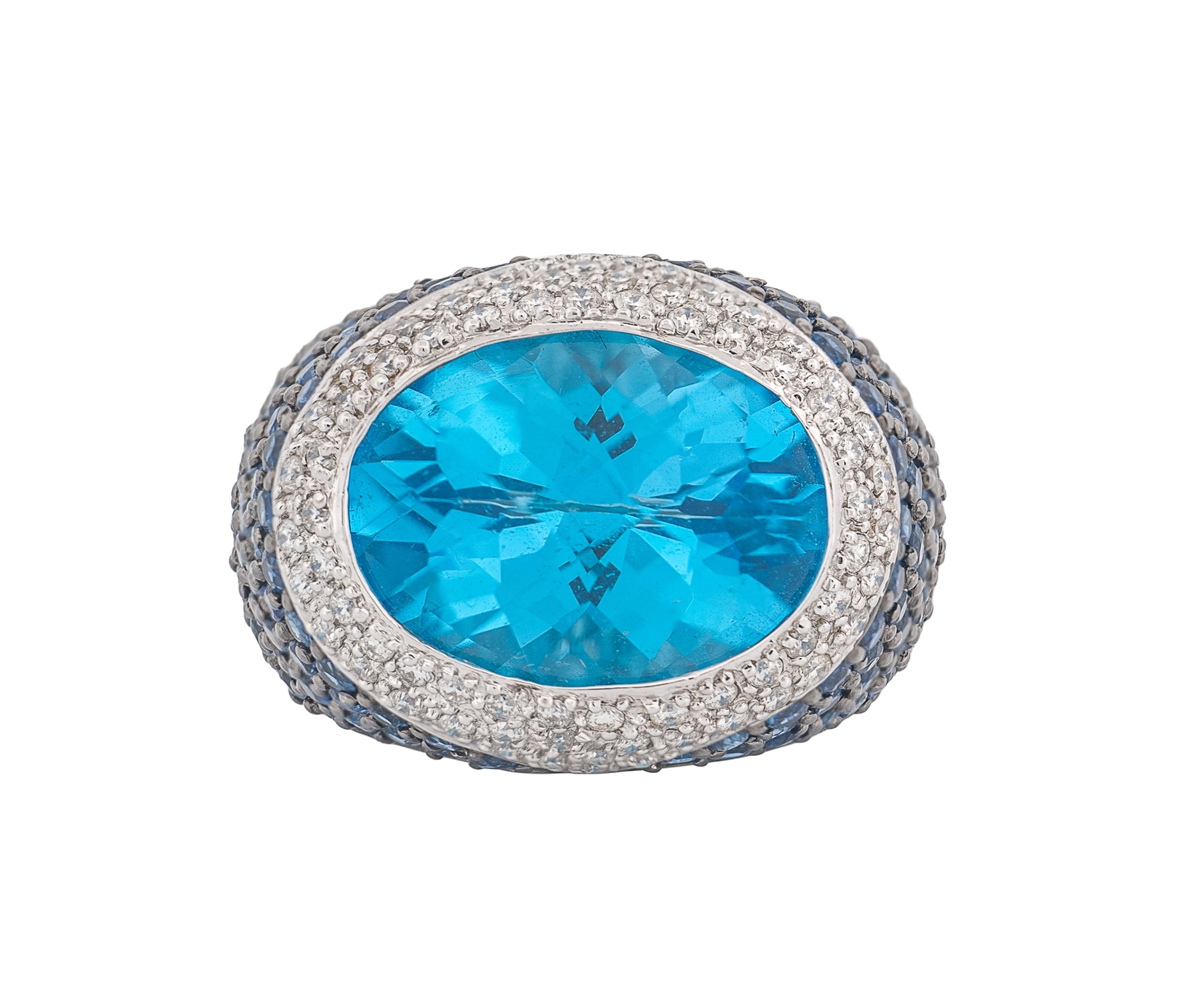 18K White Gold Blue Topaz, Diamond, & Natural Blue Sapphire Dome Ring