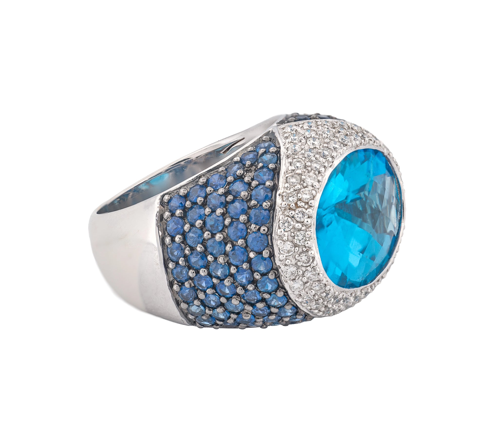 18K White Gold Blue Topaz, Diamond, & Natural Blue Sapphire Dome Ring