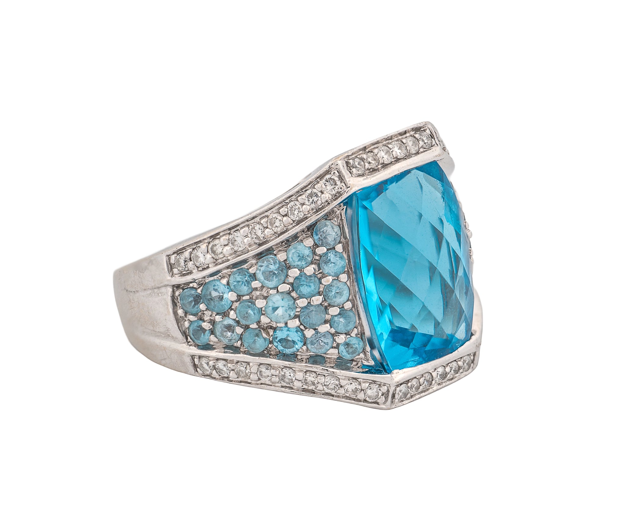 14K White Gold Blue Topaz & Diamond Pavé Statement Ring