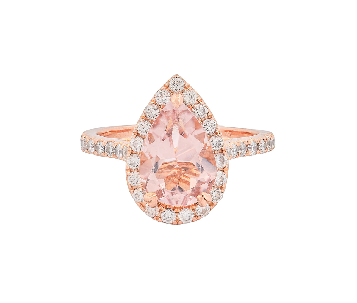 14K Rose Gold Morganite and Diamond Pear Shaped Halo Style Ring