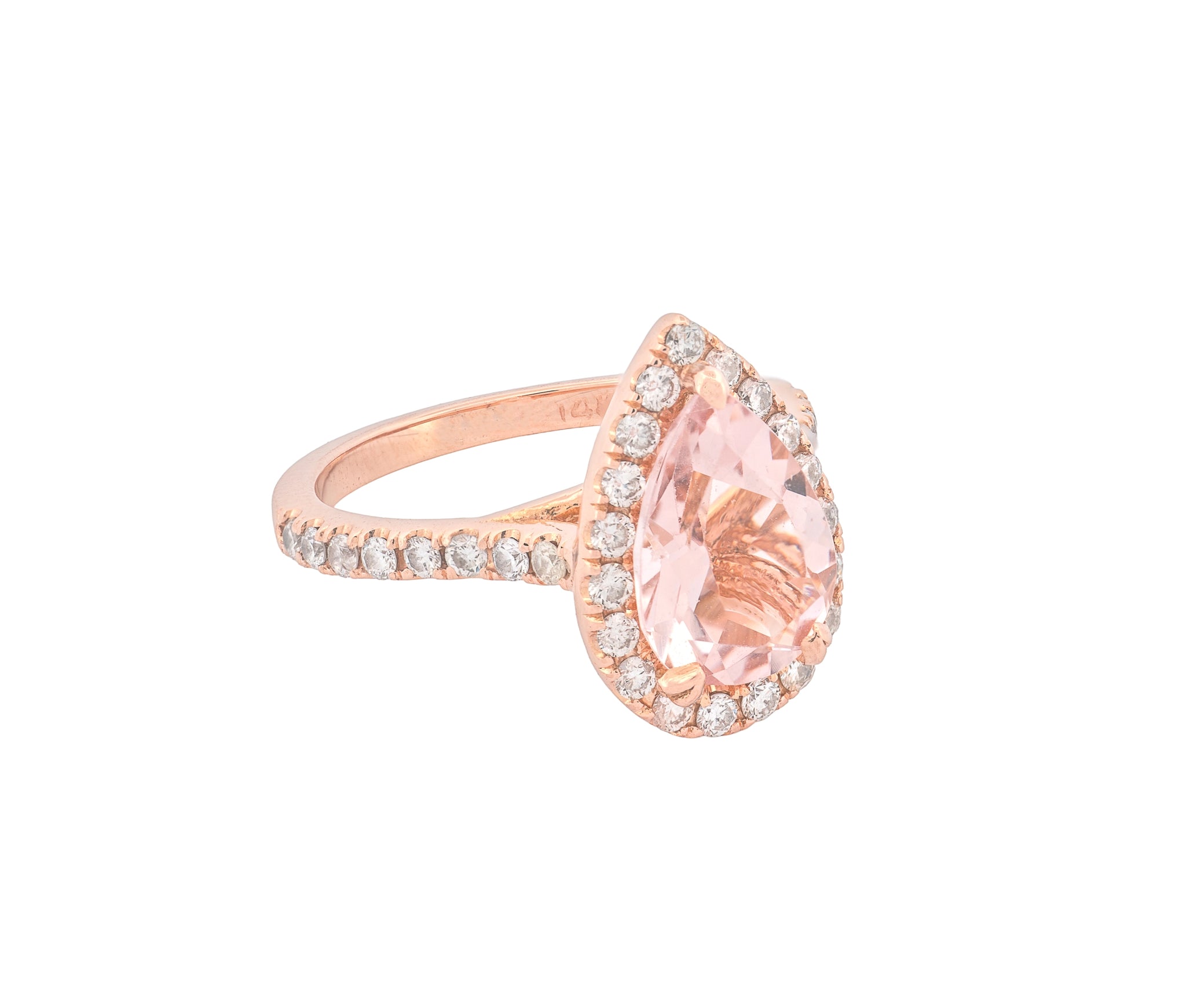 14K Rose Gold Morganite and Diamond Pear Shaped Halo Style Ring