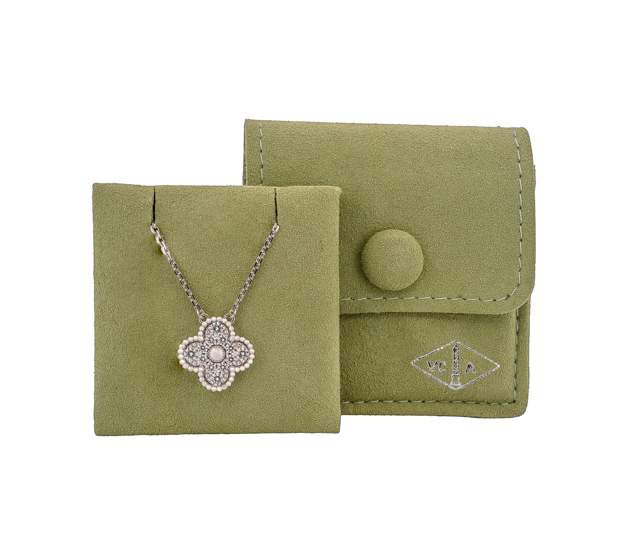 Van Cleef & Arpels 18K White Gold Diamond Alhambra Necklace 1 Motif