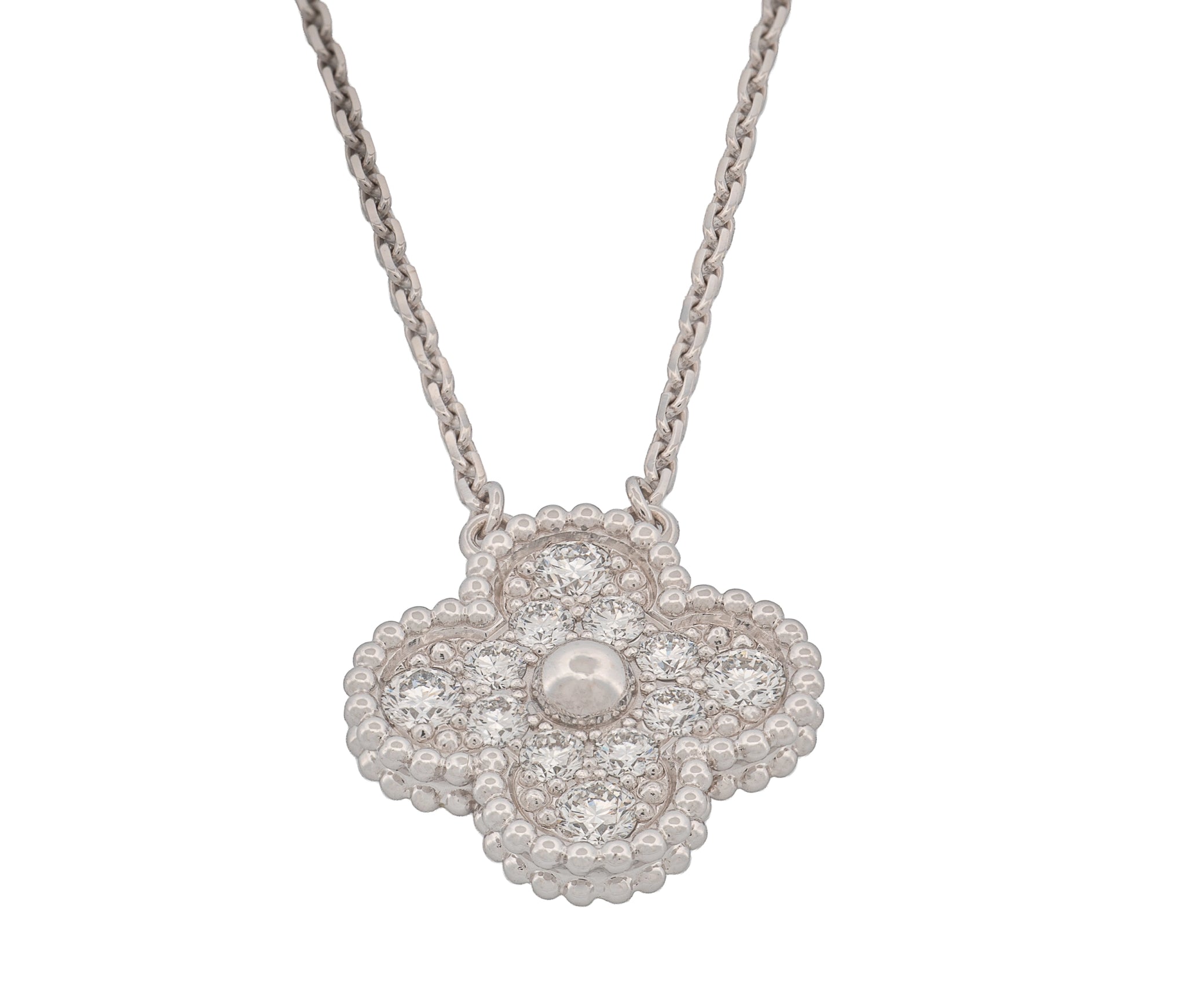 Van Cleef & Arpels 18K White Gold Diamond Alhambra Necklace 1 Motif