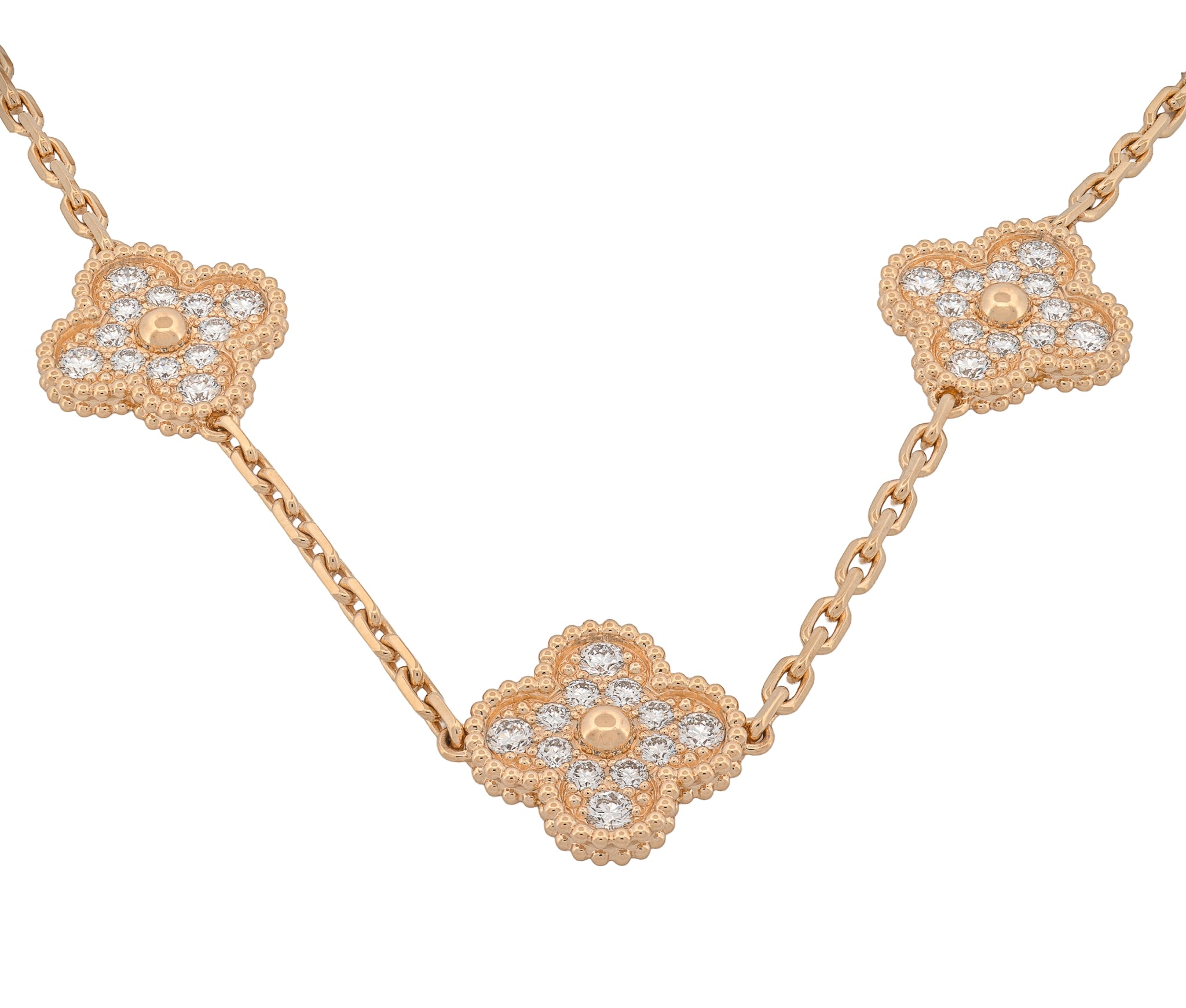 Van Cleef & Arpels 18K Yellow Gold Diamond Alhambra Necklace 10 Motif