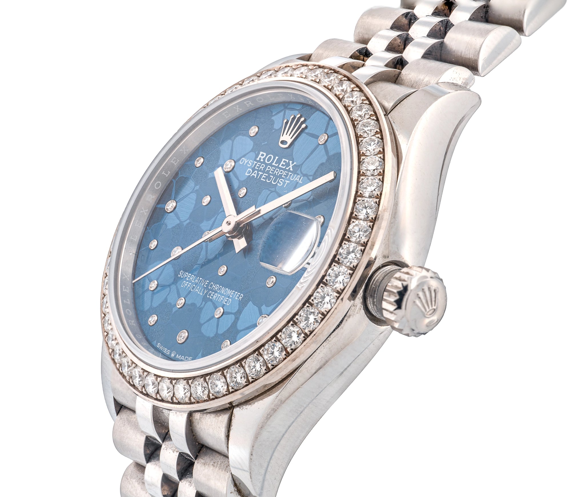 Ladies Rolex Datejust Stainless Steel with Diamond Bezel & Blue Floral Dial
