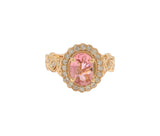 14K Rose Gold Pink Tourmaline & Diamond Halo Ring With Floral Motif Shank