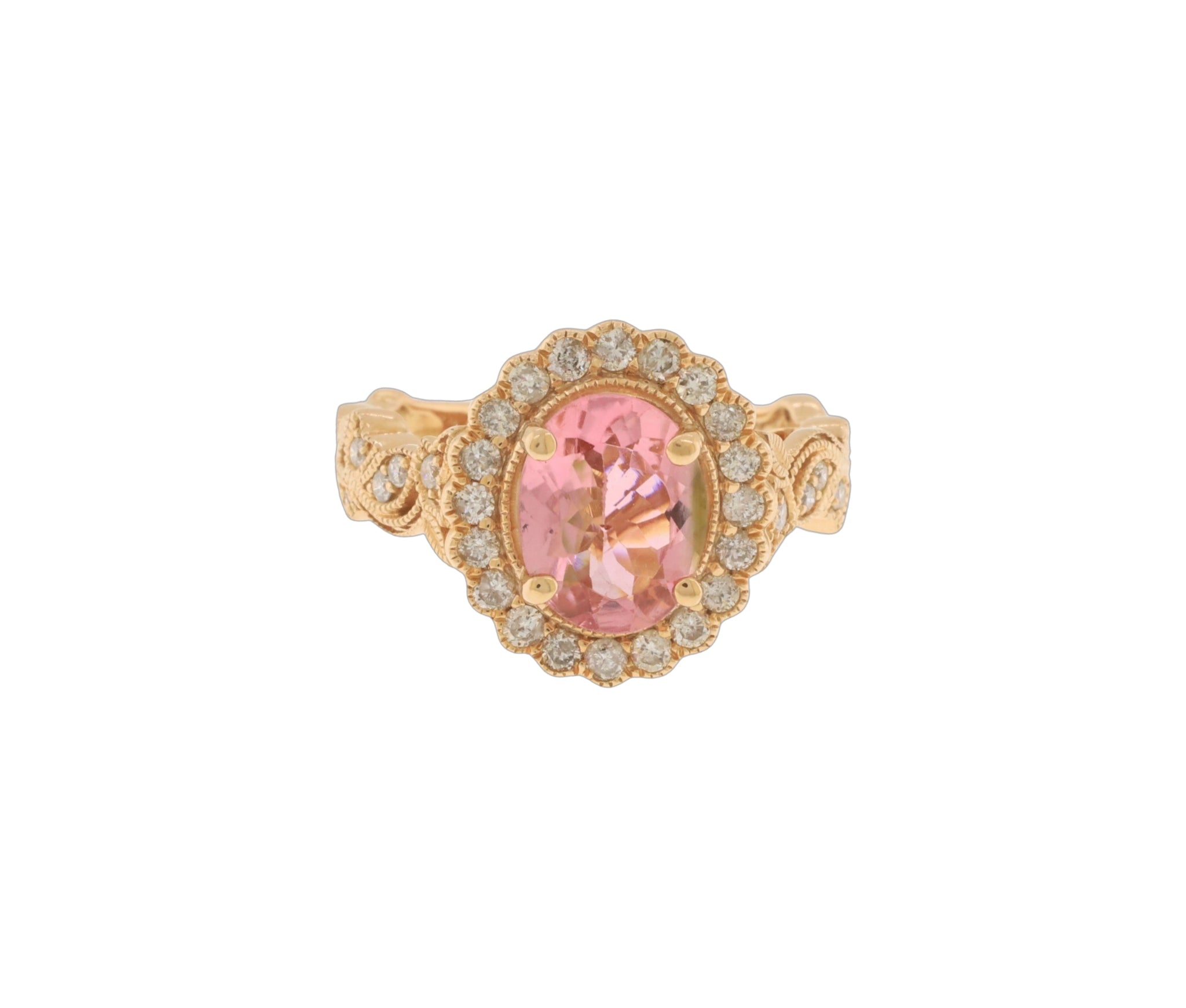 14K Rose Gold Pink Tourmaline & Diamond Halo Ring With Floral Motif Shank