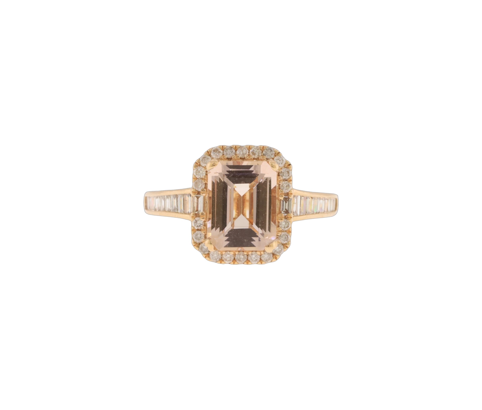 14K Rose Gold 2.25Ct Emerald Cut Morganite & 0.46Ct Diamond Halo Style Ring