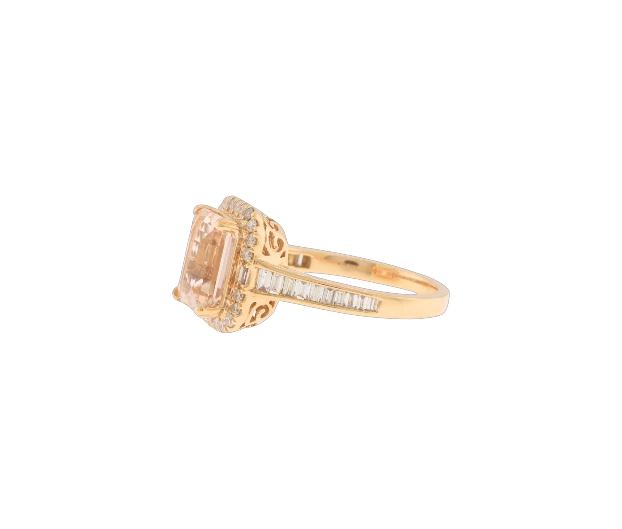 14K Rose Gold 2.25Ct Emerald Cut Morganite & 0.46Ct Diamond Halo Style Ring